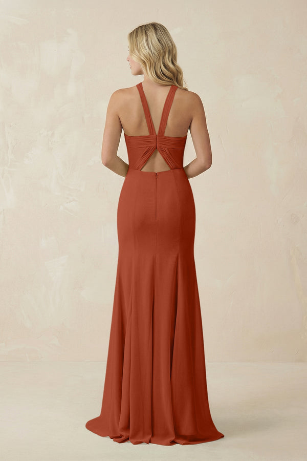 Halter Chiffon Mermaid Ruched Bridesmaid Dress in Spice - KissProm Bridesmaid Dresses