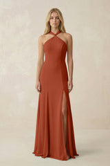 Halter Chiffon Mermaid Ruched Bridesmaid Dress in Spice - KissProm Bridesmaid Dresses