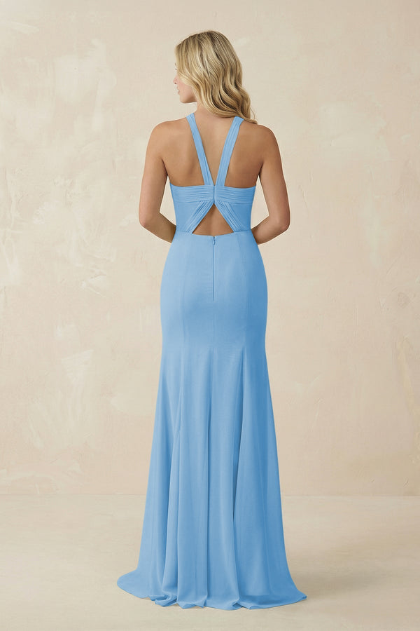 Halter Chiffon Mermaid Ruched Bridesmaid Dress in Steel Blue - KissProm Bridesmaid Dresses