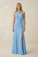 Halter Chiffon Mermaid Ruched Bridesmaid Dress in Steel Blue - KissProm Bridesmaid Dresses