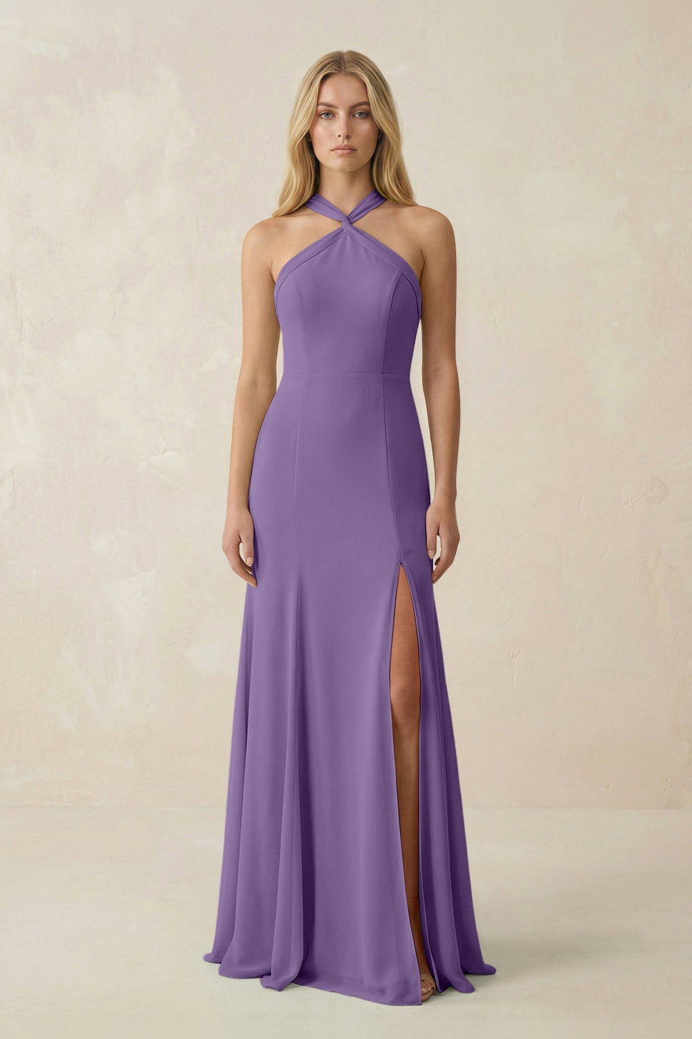 Halter Chiffon Mermaid Ruched Bridesmaid Dress in Tahiti - KissProm Bridesmaid Dresses