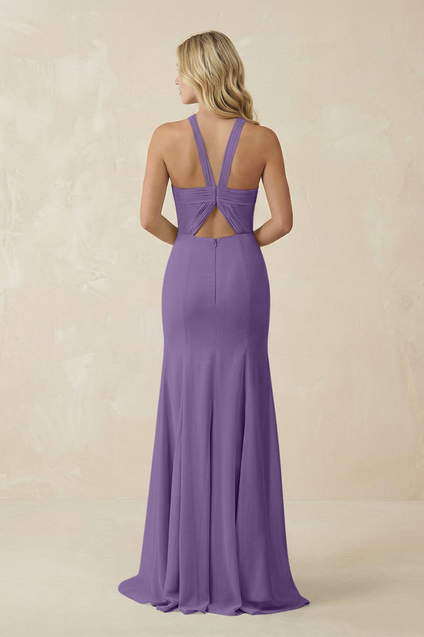 Halter Chiffon Mermaid Ruched Bridesmaid Dress in Tahiti - KissProm Bridesmaid Dresses