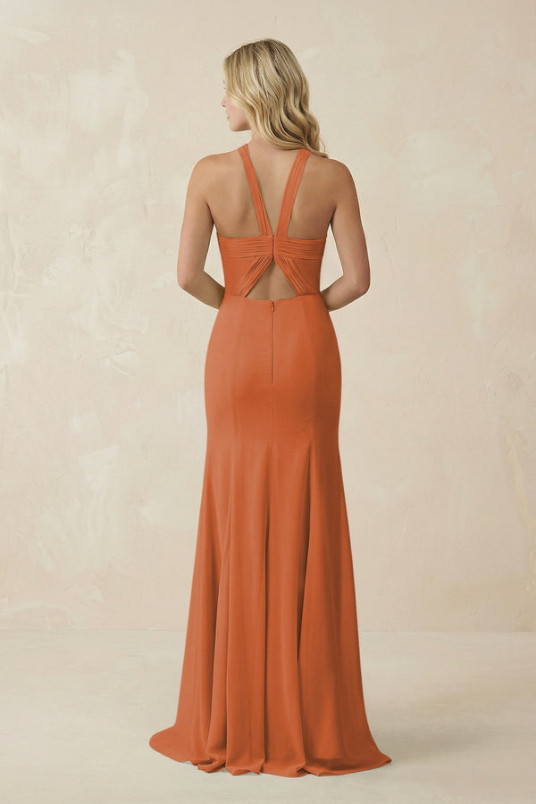 Halter Chiffon Mermaid Ruched Bridesmaid Dress in Terracotta - KissProm Bridesmaid Dresses