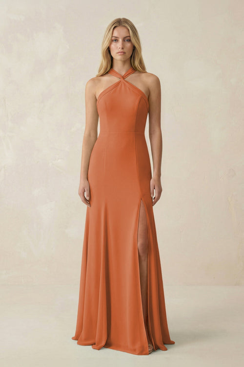 Halter Chiffon Mermaid Ruched Bridesmaid Dress in Terracotta - KissProm Bridesmaid Dresses