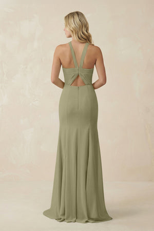 Halter Chiffon Mermaid Ruched Bridesmaid Dress in Thyme - KissProm Bridesmaid Dresses