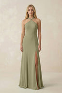 Halter Chiffon Mermaid Ruched Bridesmaid Dress in Thyme - KissProm Bridesmaid Dresses