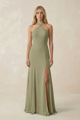 Halter Chiffon Mermaid Ruched Bridesmaid Dress in Thyme - KissProm Bridesmaid Dresses