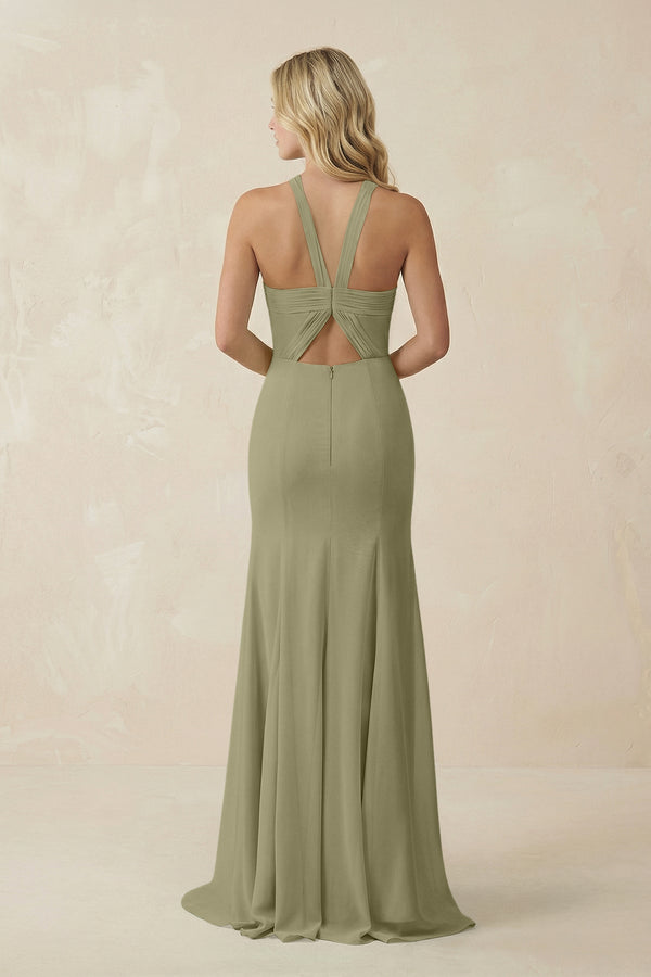 Halter Chiffon Mermaid Ruched Bridesmaid Dress in Thyme - KissProm Bridesmaid Dresses