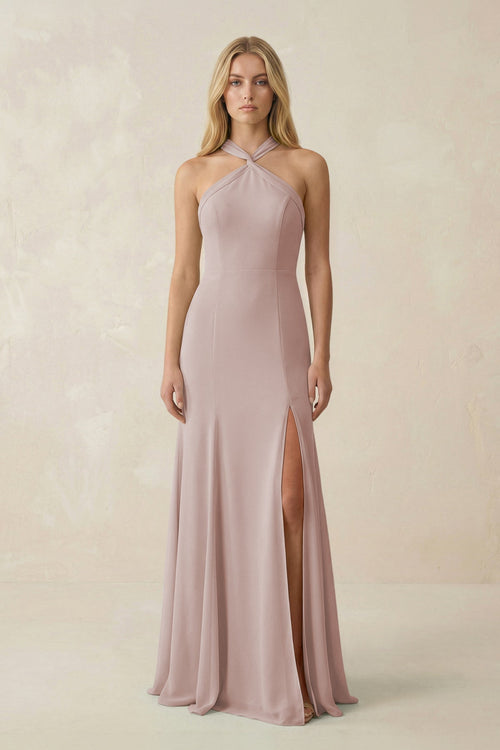 Halter Chiffon Mermaid Ruched Bridesmaid Dress in Toffee - KissProm Bridesmaid Dresses