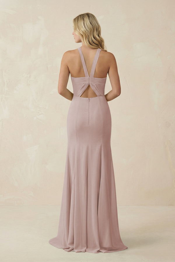 Halter Chiffon Mermaid Ruched Bridesmaid Dress in Toffee - KissProm Bridesmaid Dresses