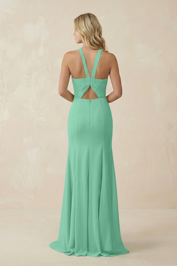 Halter Chiffon Mermaid Ruched Bridesmaid Dress in Turquoise - KissProm Bridesmaid Dresses