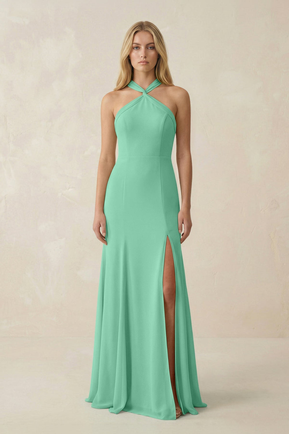 Halter Chiffon Mermaid Ruched Bridesmaid Dress in Turquoise - KissProm Bridesmaid Dresses