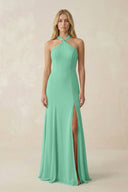 Halter Chiffon Mermaid Ruched Bridesmaid Dress in Turquoise - KissProm Bridesmaid Dresses