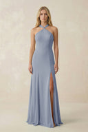 Halter Chiffon Mermaid Ruched Bridesmaid Dress in Twilight - KissProm Bridesmaid Dresses