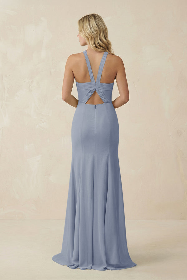 Halter Chiffon Mermaid Ruched Bridesmaid Dress in Twilight - KissProm Bridesmaid Dresses