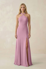 Halter Chiffon Mermaid Ruched Bridesmaid Dress in Vintage Mauve - KissProm Bridesmaid Dresses