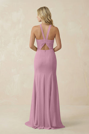 Halter Chiffon Mermaid Ruched Bridesmaid Dress in Vintage Mauve - KissProm Bridesmaid Dresses