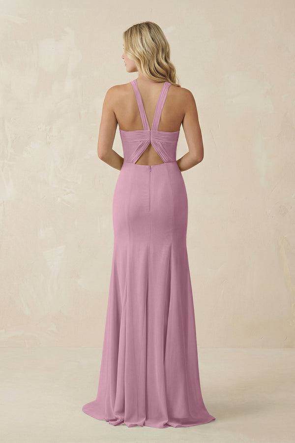 Halter Chiffon Mermaid Ruched Bridesmaid Dress in Vintage Mauve - KissProm Bridesmaid Dresses