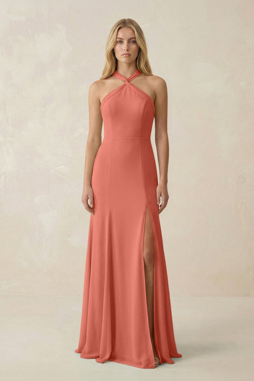 Halter Chiffon Mermaid Ruched Bridesmaid Dress in Wild Rose - KissProm Bridesmaid Dresses