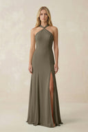 Halter Chiffon Mermaid Ruched Bridesmaid Dress in Willow Green - KissProm Bridesmaid Dresses