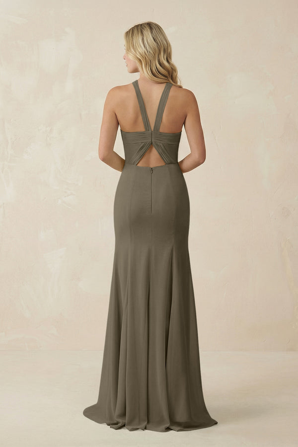 Halter Chiffon Mermaid Ruched Bridesmaid Dress in Willow Green - KissProm Bridesmaid Dresses