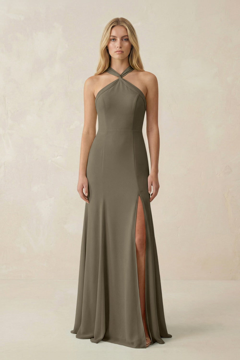 Halter Chiffon Mermaid Ruched Bridesmaid Dress in Willow Green - KissProm Bridesmaid Dresses