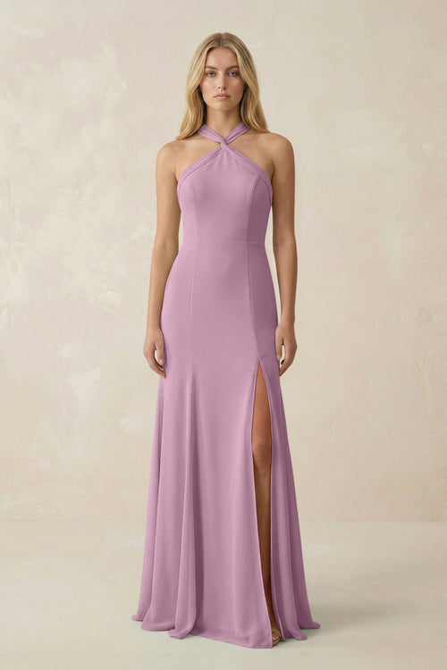 Halter Chiffon Mermaid Ruched Bridesmaid Dress in Wisteria - KissProm Bridesmaid Dresses