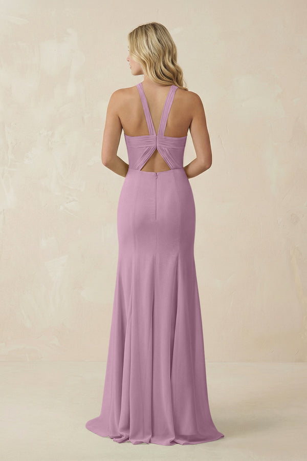 Halter Chiffon Mermaid Ruched Bridesmaid Dress in Wisteria - KissProm Bridesmaid Dresses