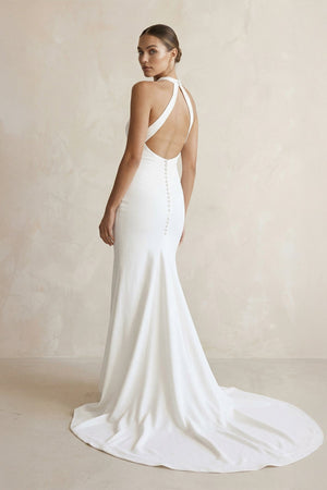 Halter Crepe Mermaid Ruched Wedding Dress in White - KissProm Wedding Dresses