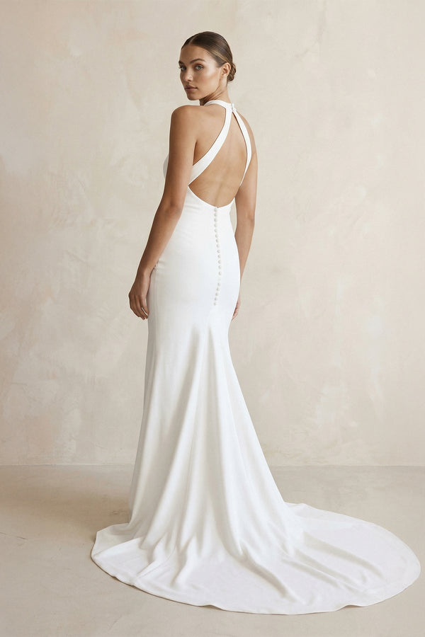 Halter Crepe Mermaid Ruched Wedding Dress in White - KissProm Wedding Dresses