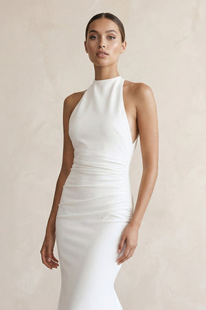 Halter Crepe Mermaid Ruched Wedding Dress in White - KissProm Wedding Dresses