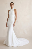 Halter Crepe Mermaid Ruched Wedding Dress in White - KissProm Wedding Dresses
