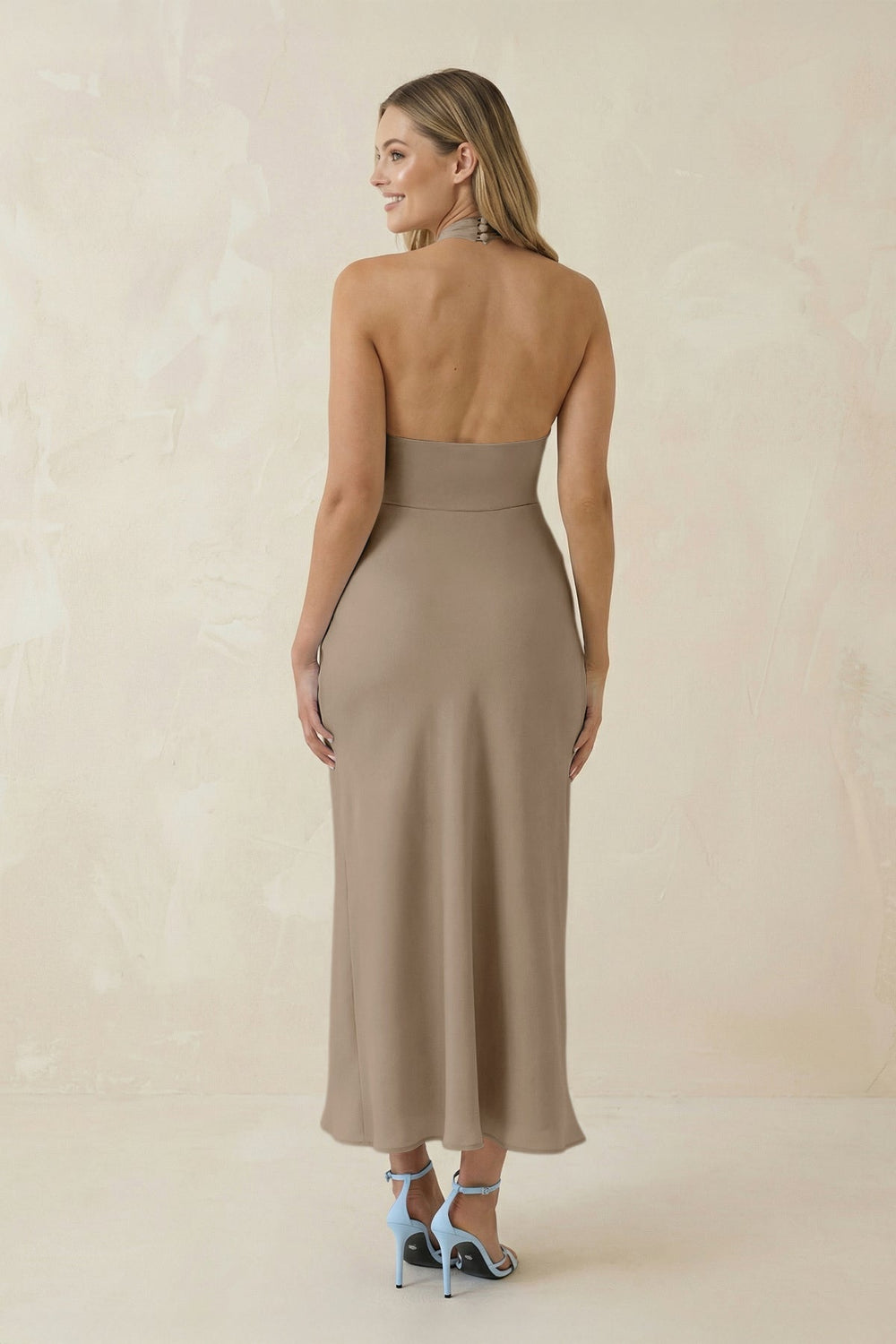 Halter Cut - Out Sheath Satin Midi Bridesmaid Dress in Almond - KissProm Bridesmaid Dresses