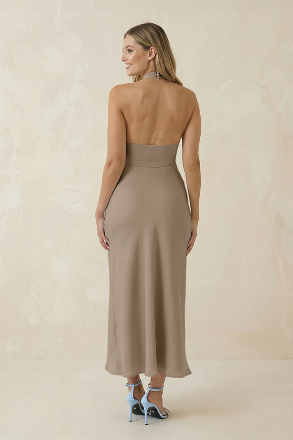 Halter Cut - Out Sheath Satin Midi Bridesmaid Dress in Almond - KissProm Bridesmaid Dresses