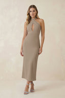 Halter Cut - Out Sheath Satin Midi Bridesmaid Dress in Almond - KissProm Bridesmaid Dresses