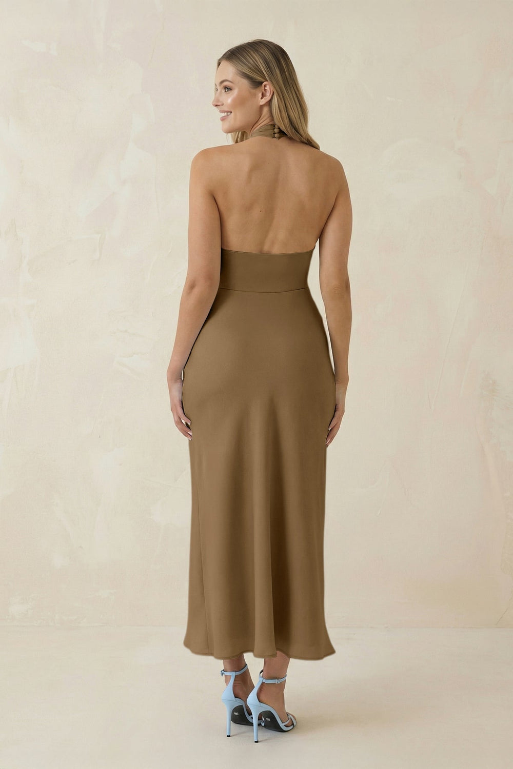Halter Cut - Out Sheath Satin Midi Bridesmaid Dress in Apple Cinnamon - KissProm Bridesmaid Dresses