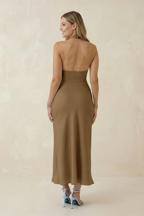 Halter Cut - Out Sheath Satin Midi Bridesmaid Dress in Apple Cinnamon - KissProm Bridesmaid Dresses