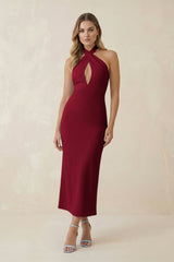 Halter Cut - Out Sheath Satin Midi Bridesmaid Dress in Berry - KissProm Bridesmaid Dresses