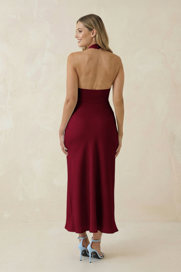 Halter Cut - Out Sheath Satin Midi Bridesmaid Dress in Berry - KissProm Bridesmaid Dresses