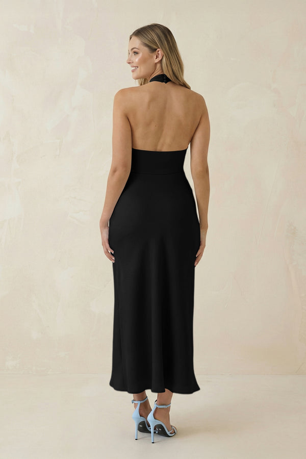 Halter Cut - Out Sheath Satin Midi Bridesmaid Dress in Black - KissProm Bridesmaid Dresses