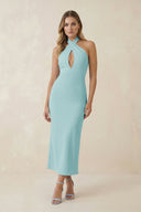 Halter Cut - Out Sheath Satin Midi Bridesmaid Dress in Bleached Aqua - KissProm Bridesmaid Dresses
