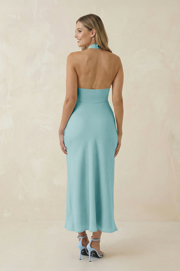 Halter Cut - Out Sheath Satin Midi Bridesmaid Dress in Bleached Aqua - KissProm Bridesmaid Dresses