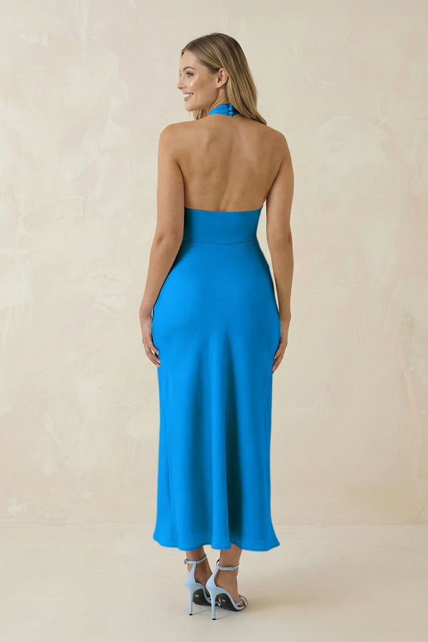 Halter Cut - Out Sheath Satin Midi Bridesmaid Dress in Blue Jay - KissProm Bridesmaid Dresses