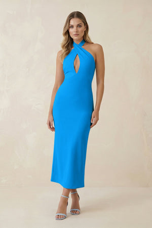 Halter Cut - Out Sheath Satin Midi Bridesmaid Dress in Blue Jay - KissProm Bridesmaid Dresses
