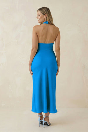 Halter Cut - Out Sheath Satin Midi Bridesmaid Dress in Blue Jay - KissProm Bridesmaid Dresses