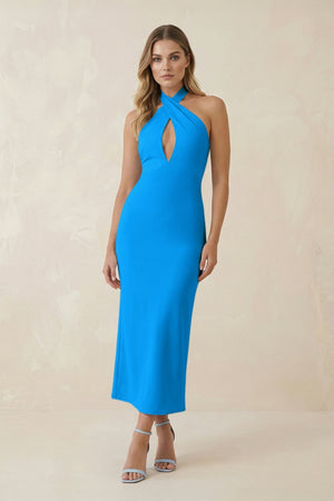 Halter Cut - Out Sheath Satin Midi Bridesmaid Dress in Blue Jay - KissProm Bridesmaid Dresses