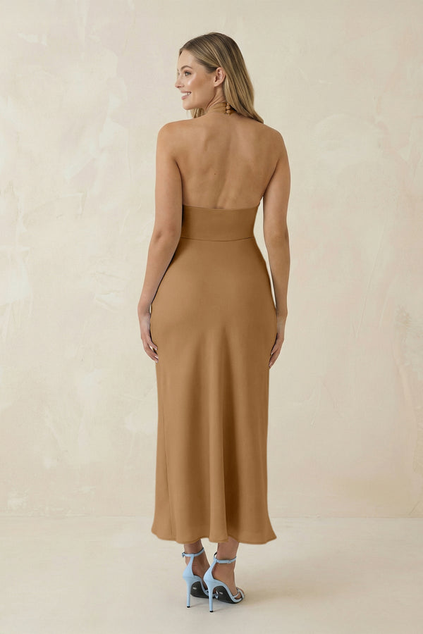 Halter Cut - Out Sheath Satin Midi Bridesmaid Dress in Bronzer - KissProm Bridesmaid Dresses