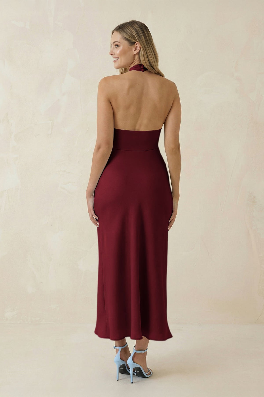 Halter Cut - Out Sheath Satin Midi Bridesmaid Dress in Burgundy - KissProm Bridesmaid Dresses