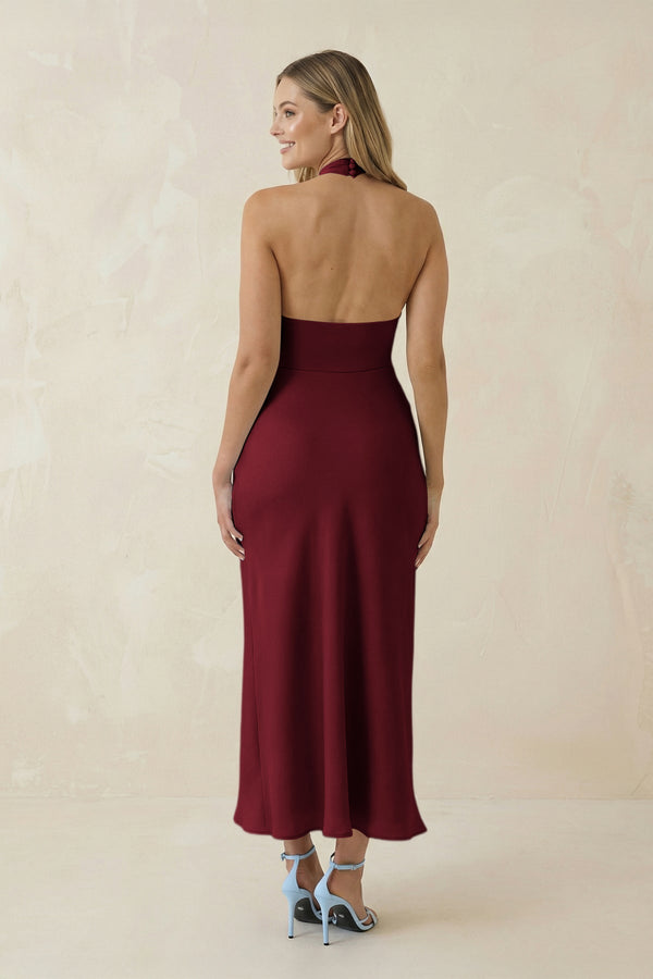 Halter Cut - Out Sheath Satin Midi Bridesmaid Dress in Burgundy - KissProm Bridesmaid Dresses