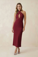 Halter Cut - Out Sheath Satin Midi Bridesmaid Dress in Burgundy - KissProm Bridesmaid Dresses